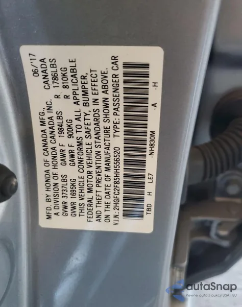 2017 Honda Civic Ex из США, поврежденный, VIN 2HGFC2F85HH556520